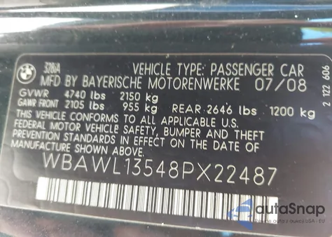 2008 BMW 328I from USA, damaged, VIN WBAWL13548PX22487
